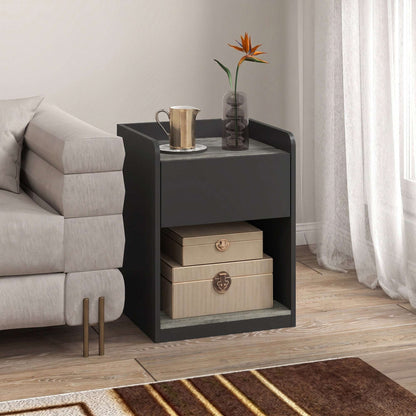 HOMCOM Modern Bedside Table, Slim Nightstand with Drawer, Shelf and Cable Holes, Black and Grey Wood Effect