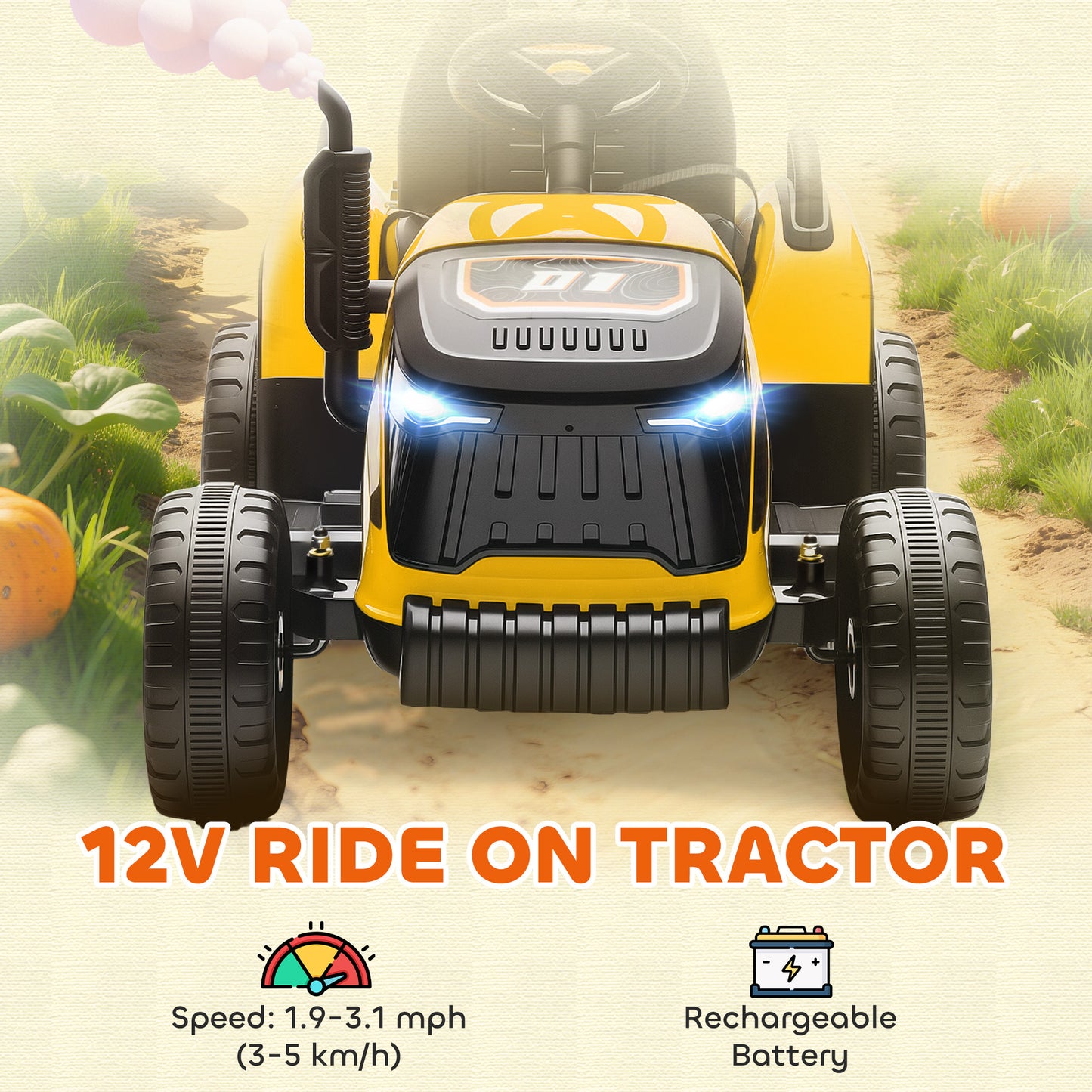 AIYAPLAY 12V Ride on Tractor and Trailer with Remote Control, Music, Shifter, Start-Up Sound, for Kids Ages 3-8 Years, Yellow