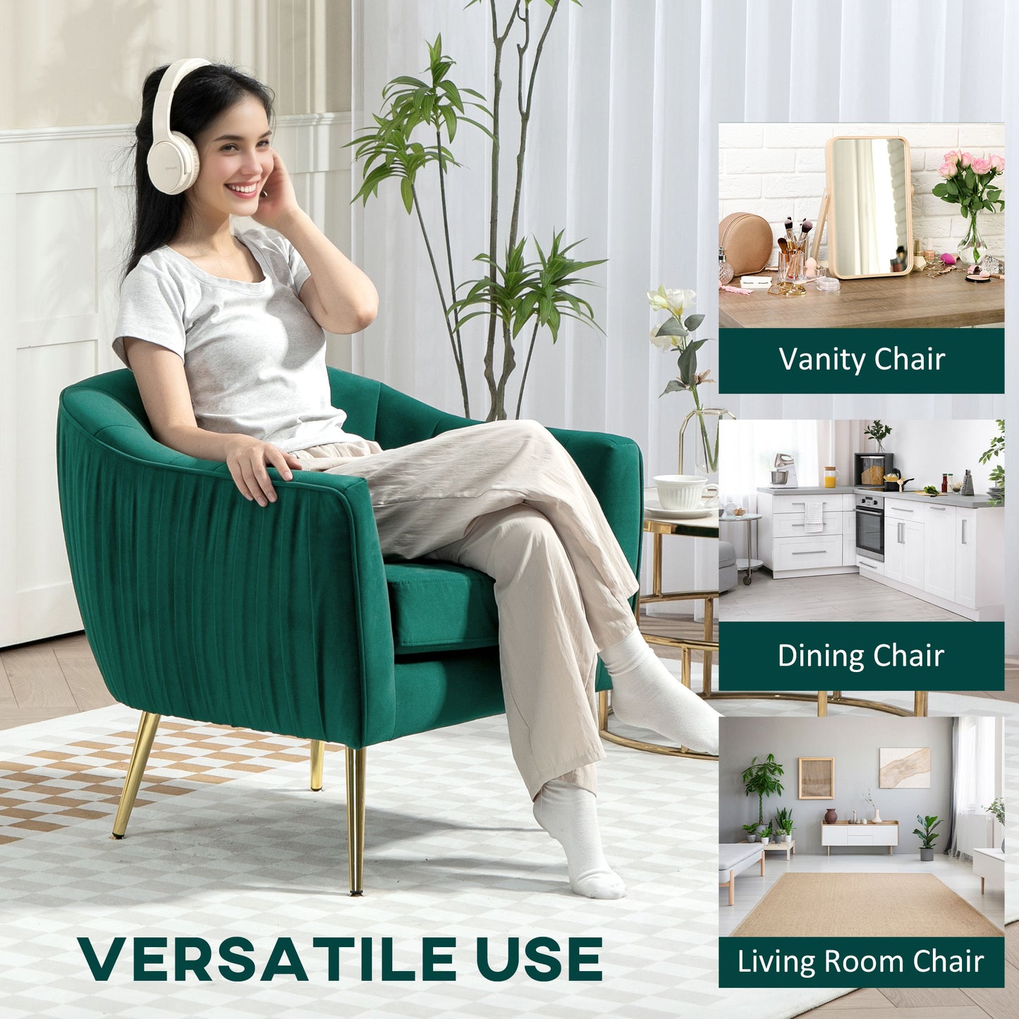 HOMCOM Velvet-Feel Shell Back Accent Chair - Green