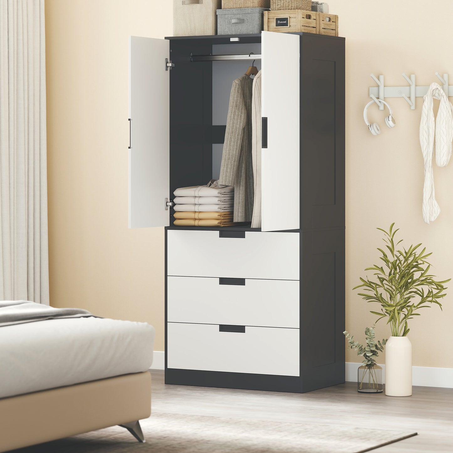 HOMCOM 2 Door Wardrobe, Modern Wardrobe with 3 Drawers and Hanging Rod for Bedroom, Black