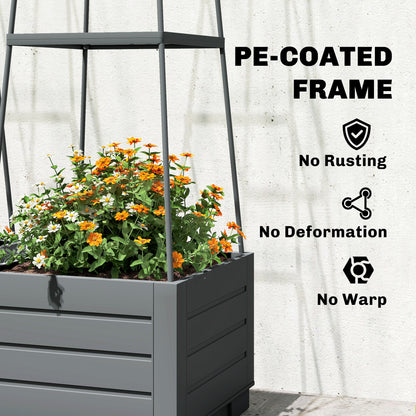 Outsunny 2 Pack Raised Garden Bed with Trellis, Plastic Outdoor Planter Box with Removable Drainage Tray