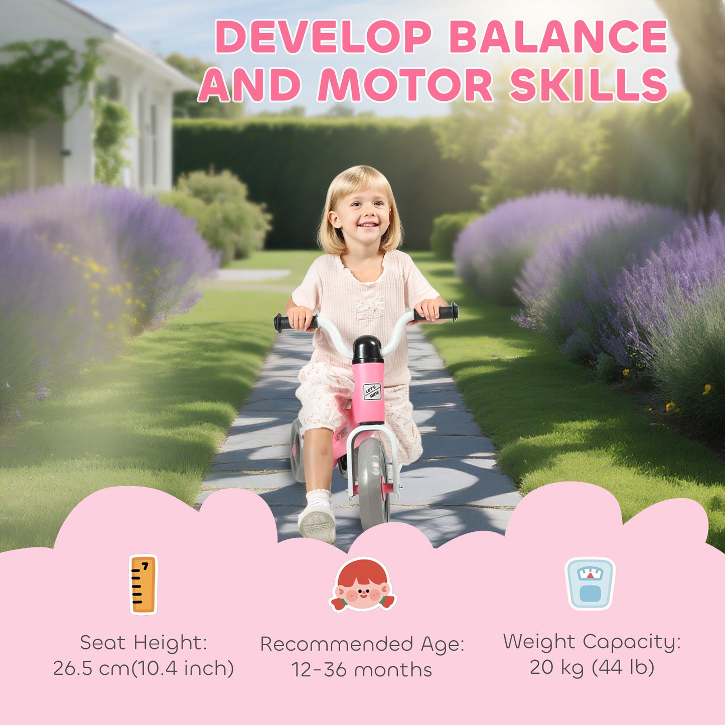 AIYAPLAY Toddler Balance Bike with No Pedal, 3 Silence Wheels for 12-36 Months Boys and Girls, Indoor Outdoor, Pink