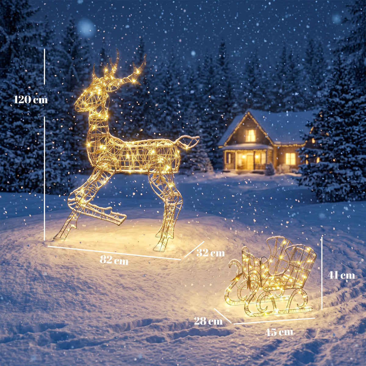 Outsunny Lighted Reindeer and Sleigh Set, 2-Piece PP Rattan Outdoor Christmas Decoration with LEDs, 8 Modes, Daily Timer