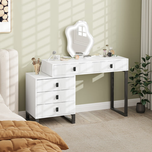 HOMCOM Dressing Table, Vanity Desk with Leaf Shape Mirror, Makeup Table with 5 Drawers, 3-Colour LED Lights, 100x40cm Tabletop, White