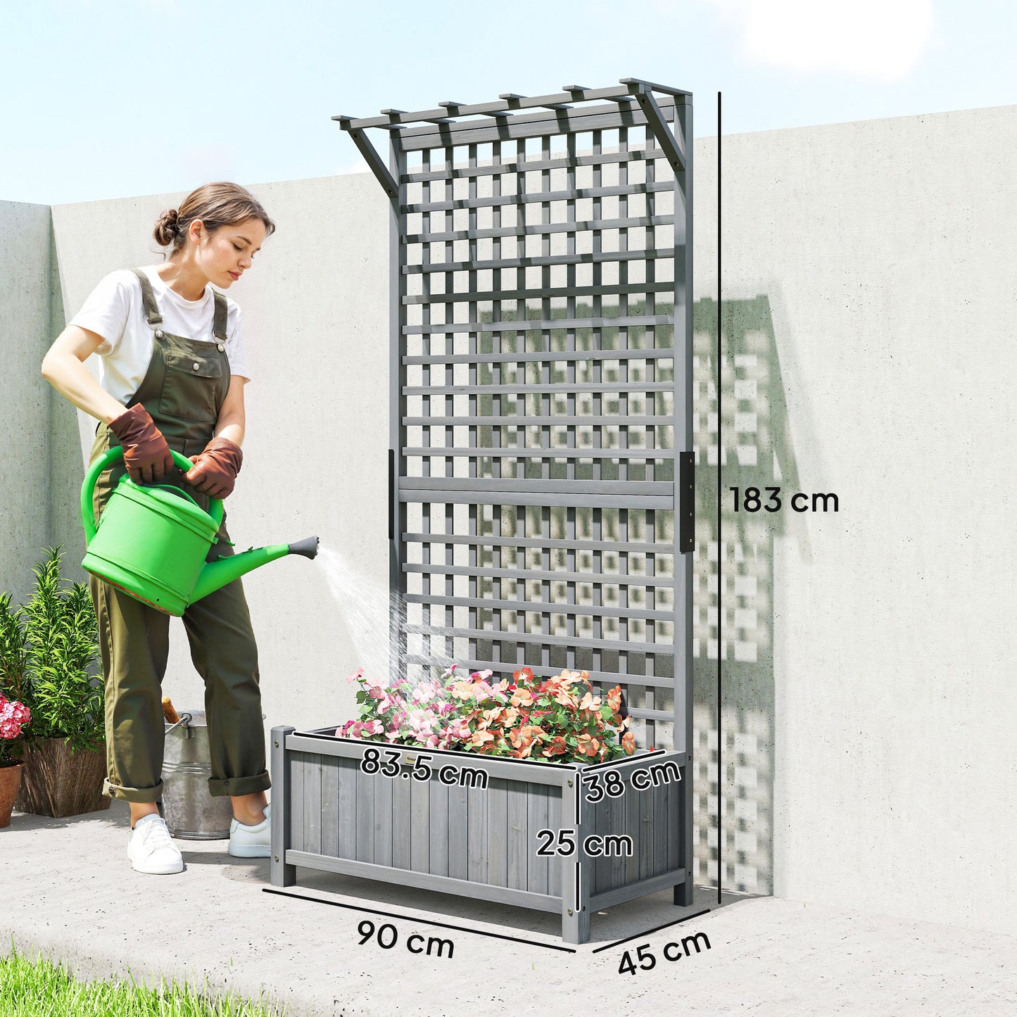 Outsunny Raised Bed with Drainage Holes, Wood Planter with Trellis for Climbing Plants, Dark Grey