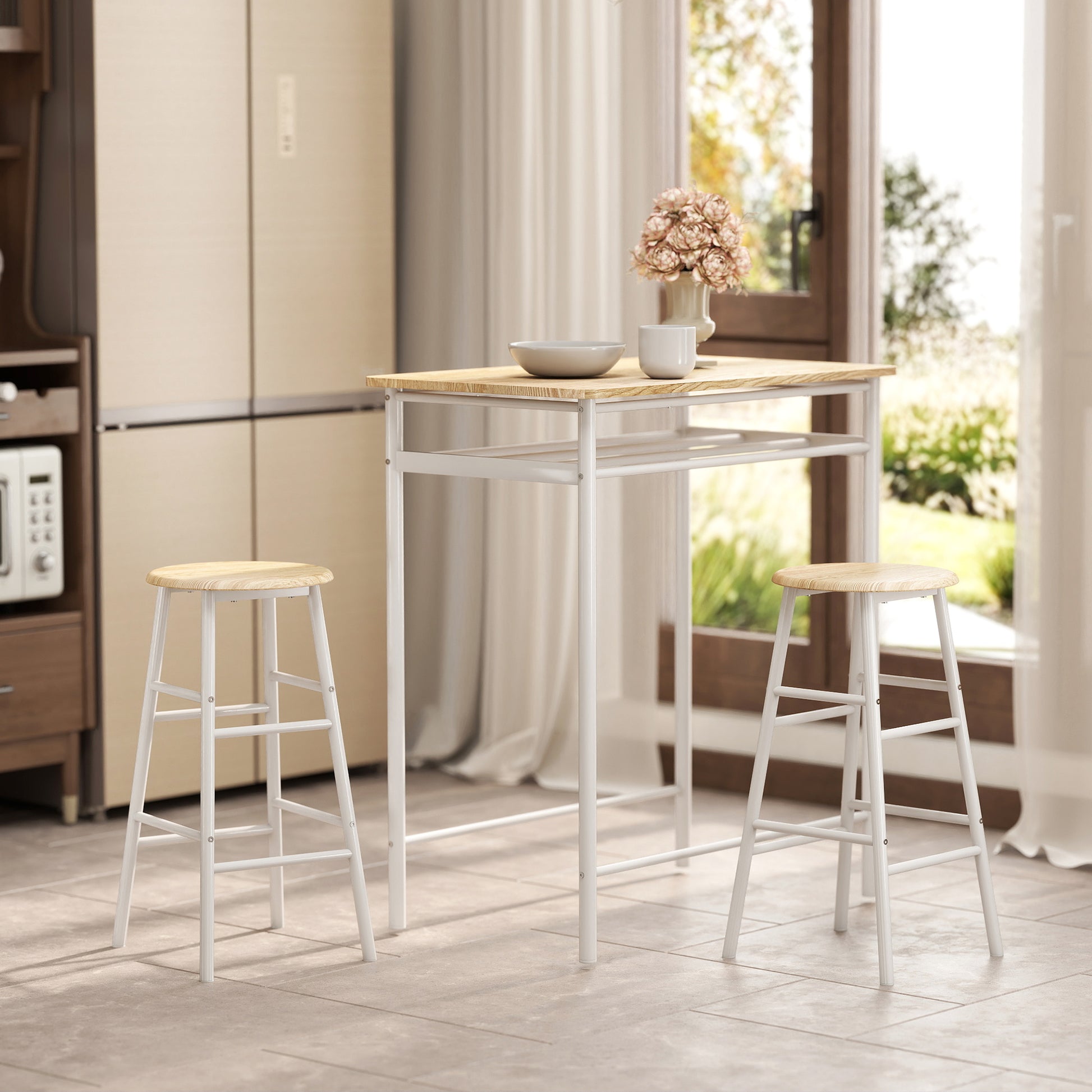 HOMCOM Bar Table Set, Bar Table and Stools Set, Footrest and Storage Shelf, for Kitchen, Dining Room, Pub, Cafe, White and Oak--ChewyGames-ChewyGames
