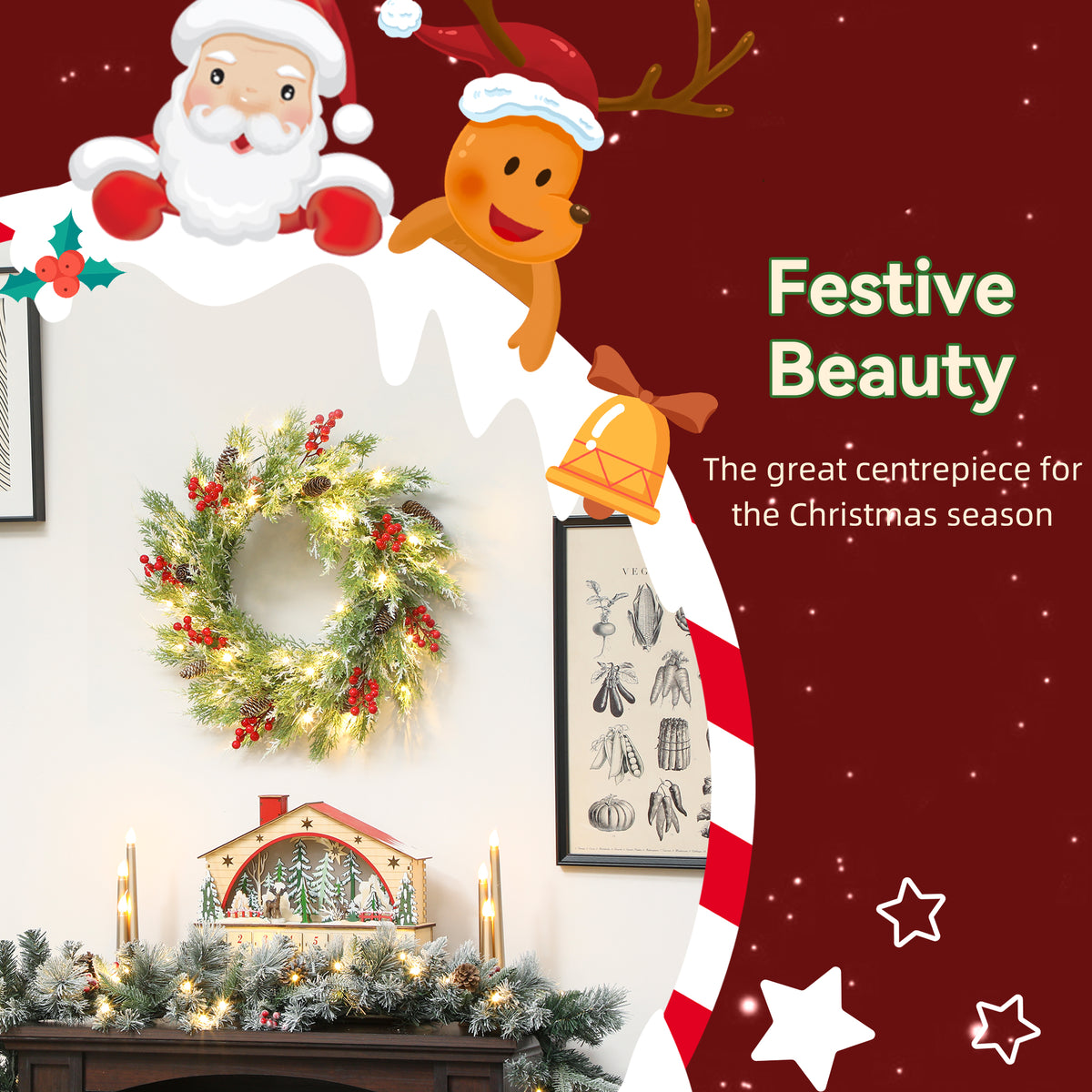 HOMCOM 60 cm Prelit Christmas Wreath, Door Wreath with Realistic Branches, 30 Warm White LEDs, Timer, Battery Operated