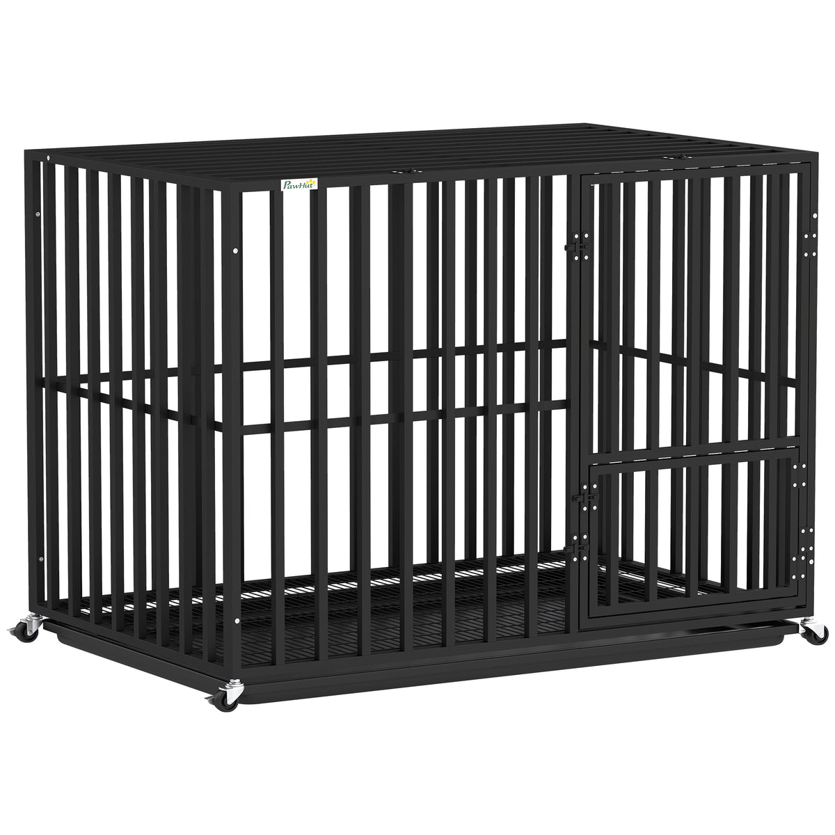 PawHut Heavy Duty Dog Crate, Dog Cage with Wheels for Medium Large Breeds, Metal Pet Kennel with Removable Tray
