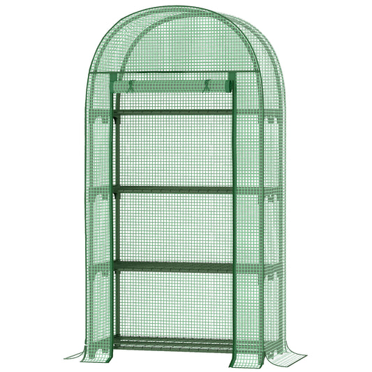 Outsunny 4 Tier Mini Greenhouse for Outdoor, Portable Gardening Plant Green House with Storage Shelf, Roll-Up Zipped Door, Metal Frame and PE Cover, 80 x 49 x 160cm, Green