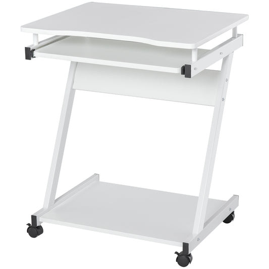 HOMCOM Movable Computer Desk with 4 Moving Wheels and Keyboard Tray White