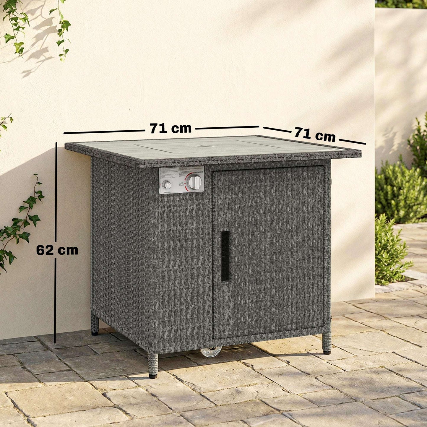 Outsunny 14.5 KW Rattan Gas Fire Pit Dining Table with Rain Cover, Wind Guard, Lid, Lava Rocks, Dark Grey