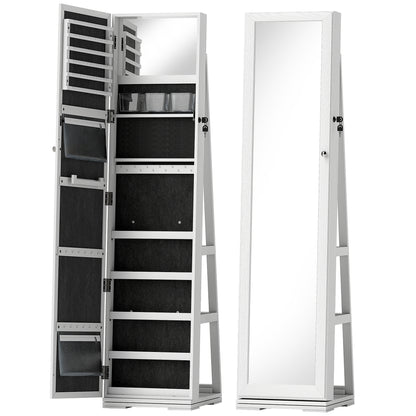 HOMCOM 360° Swivel Jewellery Cabinet, Free Standing Full Length Mirror with Storage, Lockable Jewellery Organiser with Built-in Makeup Mirror and Storage Shelves for Bedroom, White