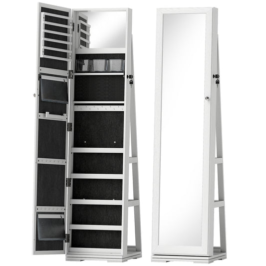 HOMCOM 360° Swivel Jewellery Cabinet, Free Standing Full Length Mirror with Storage, Lockable Jewellery Organiser with Built-in Makeup Mirror and Storage Shelves for Bedroom, White