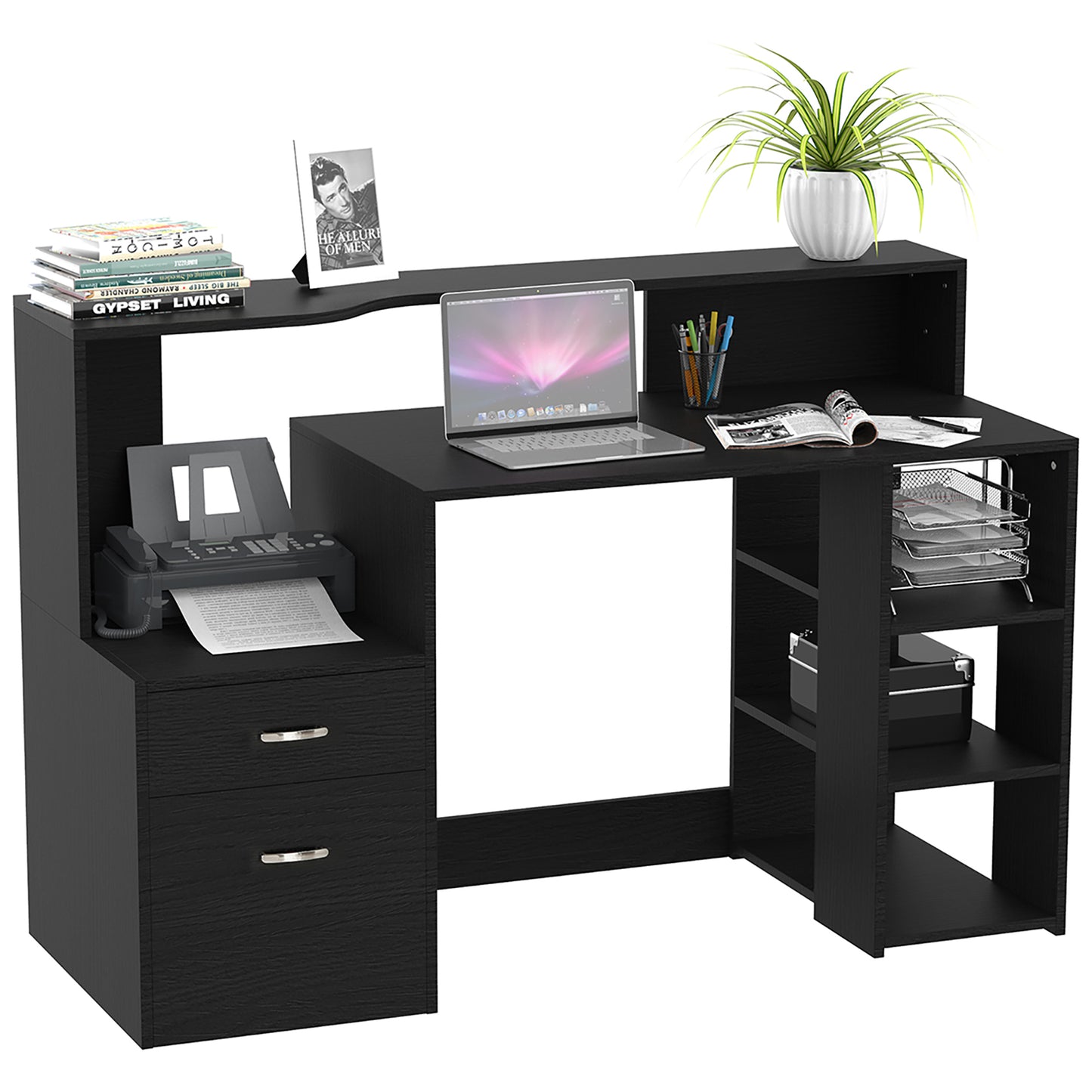 HOMCOM Computer Desk with Drawers and Storage Shelves, Office Desk Writing Table with Printer Stand, Black