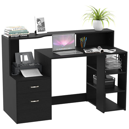 HOMCOM Computer Desk with Drawers and Storage Shelves, Office Desk Writing Table with Printer Stand, Black