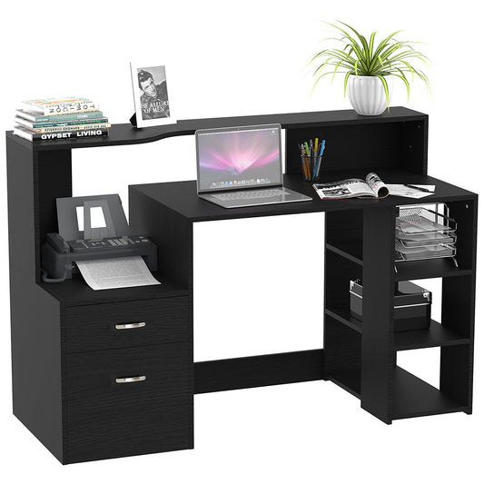 HOMCOM Computer Desk with Drawers and Storage Shelves, Office Desk Writing Table with Printer Stand, Black