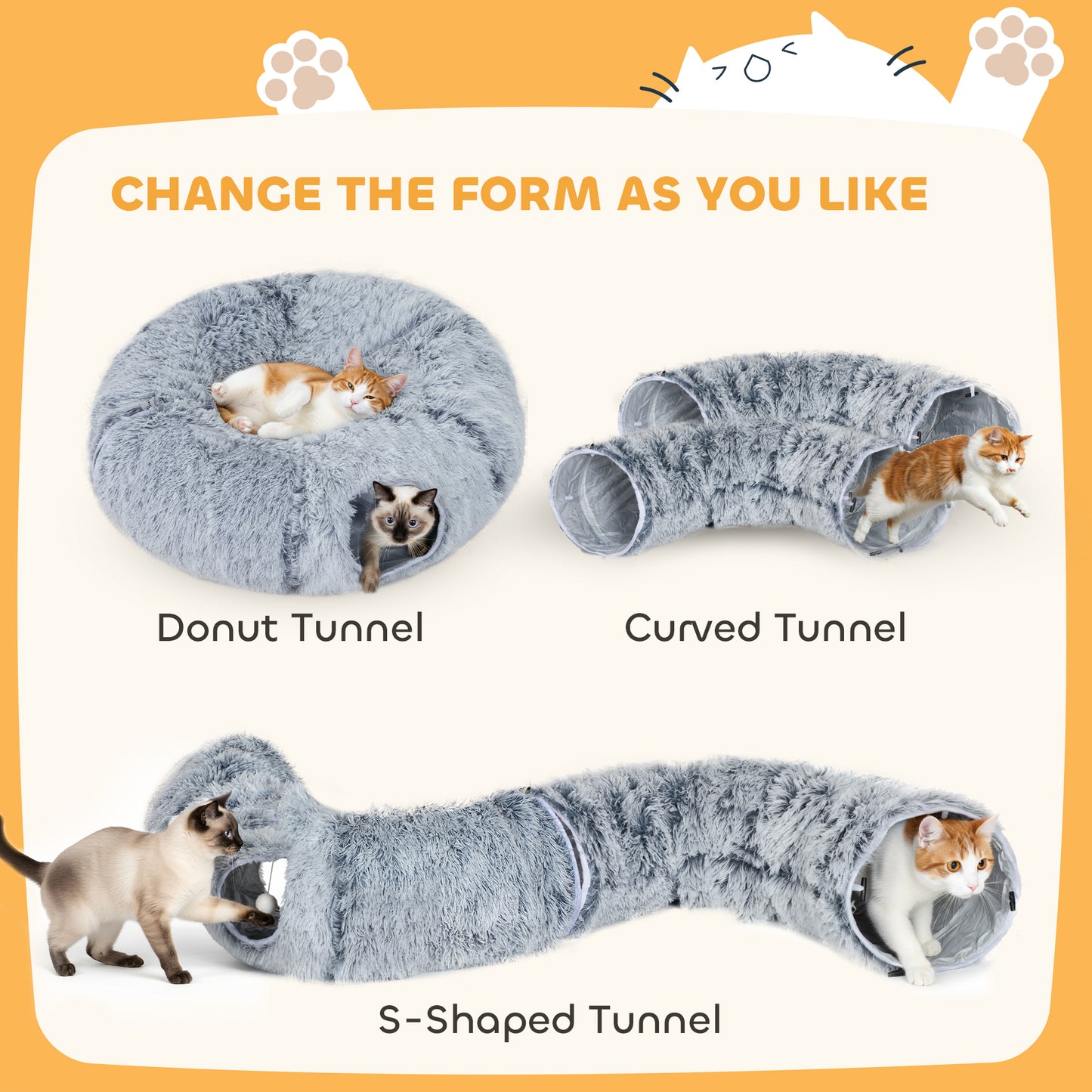 PawHut 2-in-1 Donut Cat Tunnel with Washable Bed, Play Tunnel Bed with Toy Ball and Door Hole for Indoor Cats, Light Grey--ChewyGames-ChewyGames