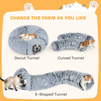 PawHut 2-in-1 Donut Cat Tunnel with Washable Bed, Play Tunnel Bed with Toy Ball and Door Hole for Indoor Cats, Light Grey--ChewyGames-ChewyGames