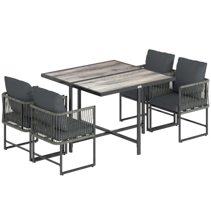 Outsunny 4-Seater Garden Dining Set, Rattan Outdoor Furniture with Space-Saving Chairs and Thick Cushions for Patio Balcony, Black
