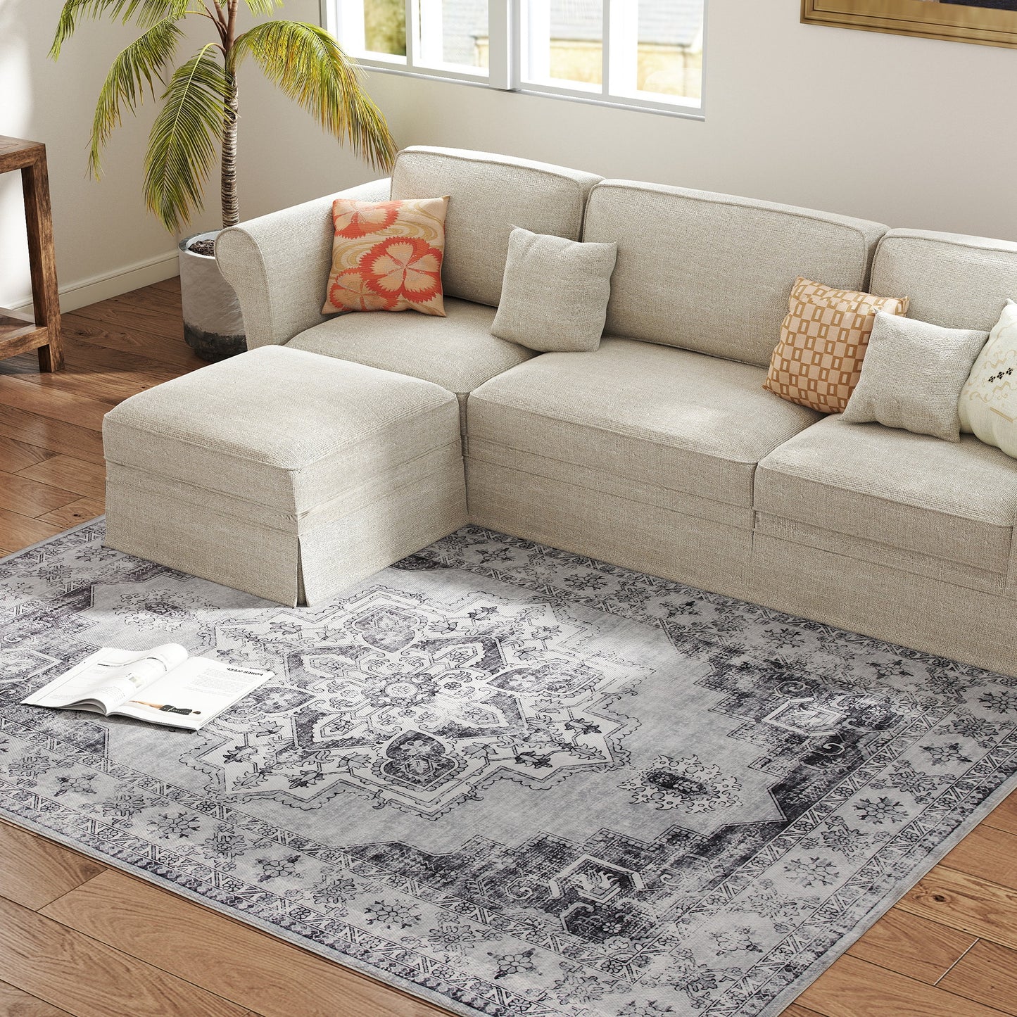 HOMCOM Vintage Area Rug, Non-Slip Washable Rug, Flannel Floor Carpet for Living Room, Bedroom, Dining Room, Home Office, 230 x 160 cm, Grey