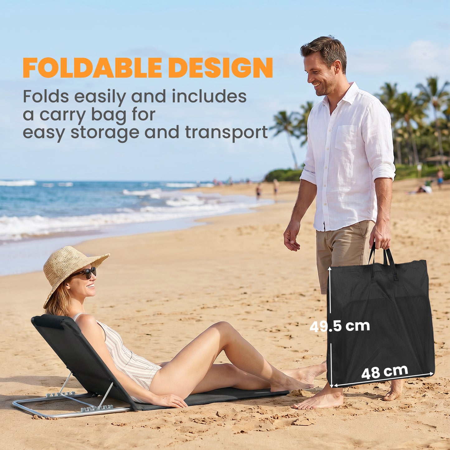 Outsunny Set of 2 Foldable Garden Beach Chair Mat Lightweight Outdoor Sun Lounger Seats Adjustable Back Metal Frame PE Fabric Head Pillow w/ Carry Bag, Black