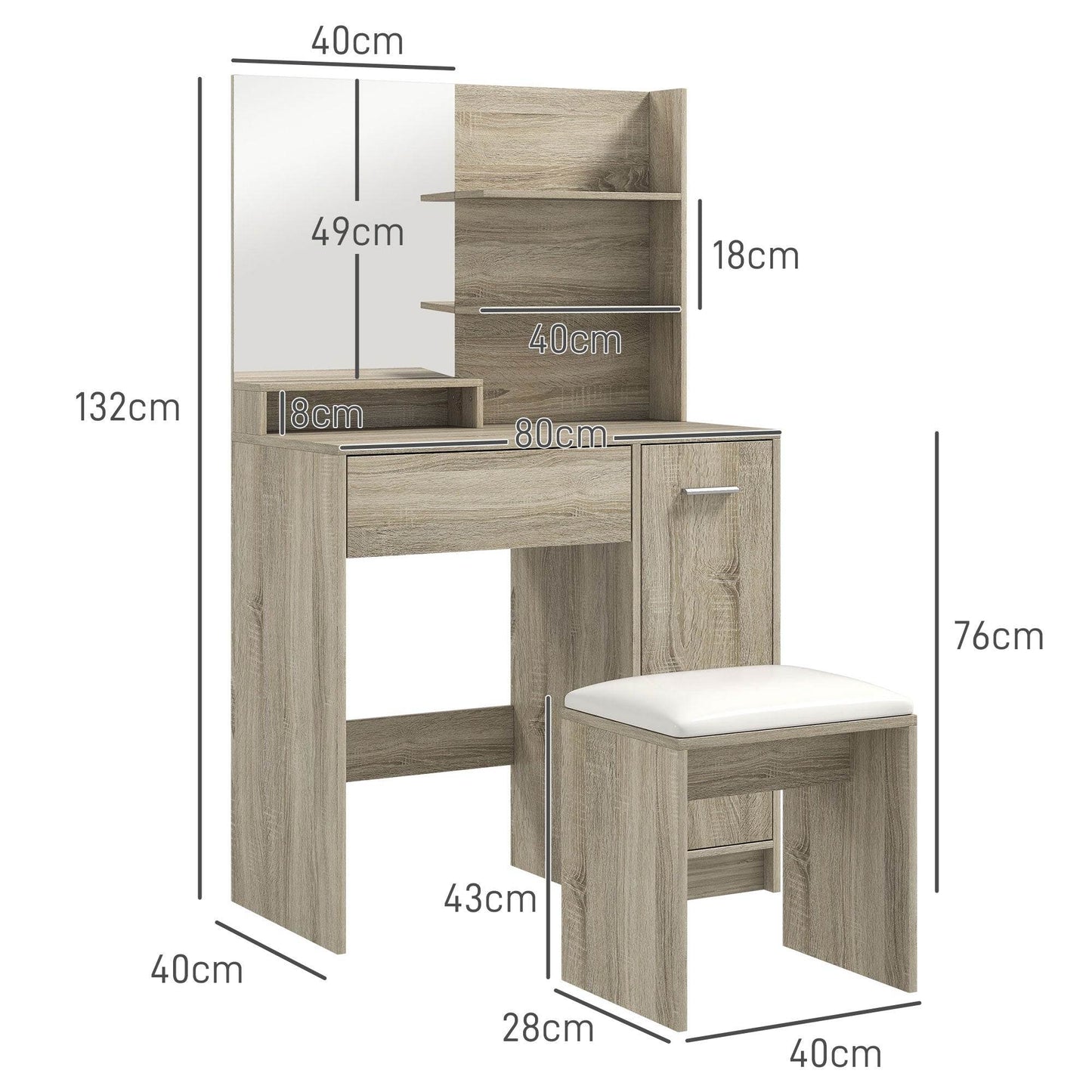 HOMCOM Dressing Table and Stool Set, with Storage - Wood-Effect