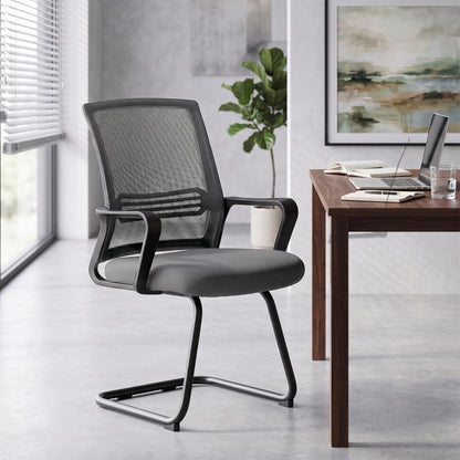 HOMCOM Padded Meeting Office Chair, Ergonomic Desk Chair No Wheels with Sled Base for Bedroom, Waiting, Reception, Dark Grey