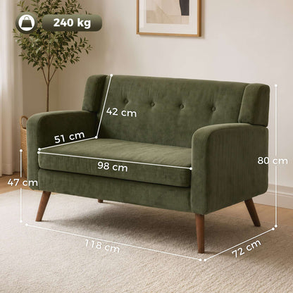 HOMCOM 2 Seater Sofa, 118 cm Corduroy Small Loveseat with Spring Cushion, Wood Legs for Small Space, Living Room, Dark Green