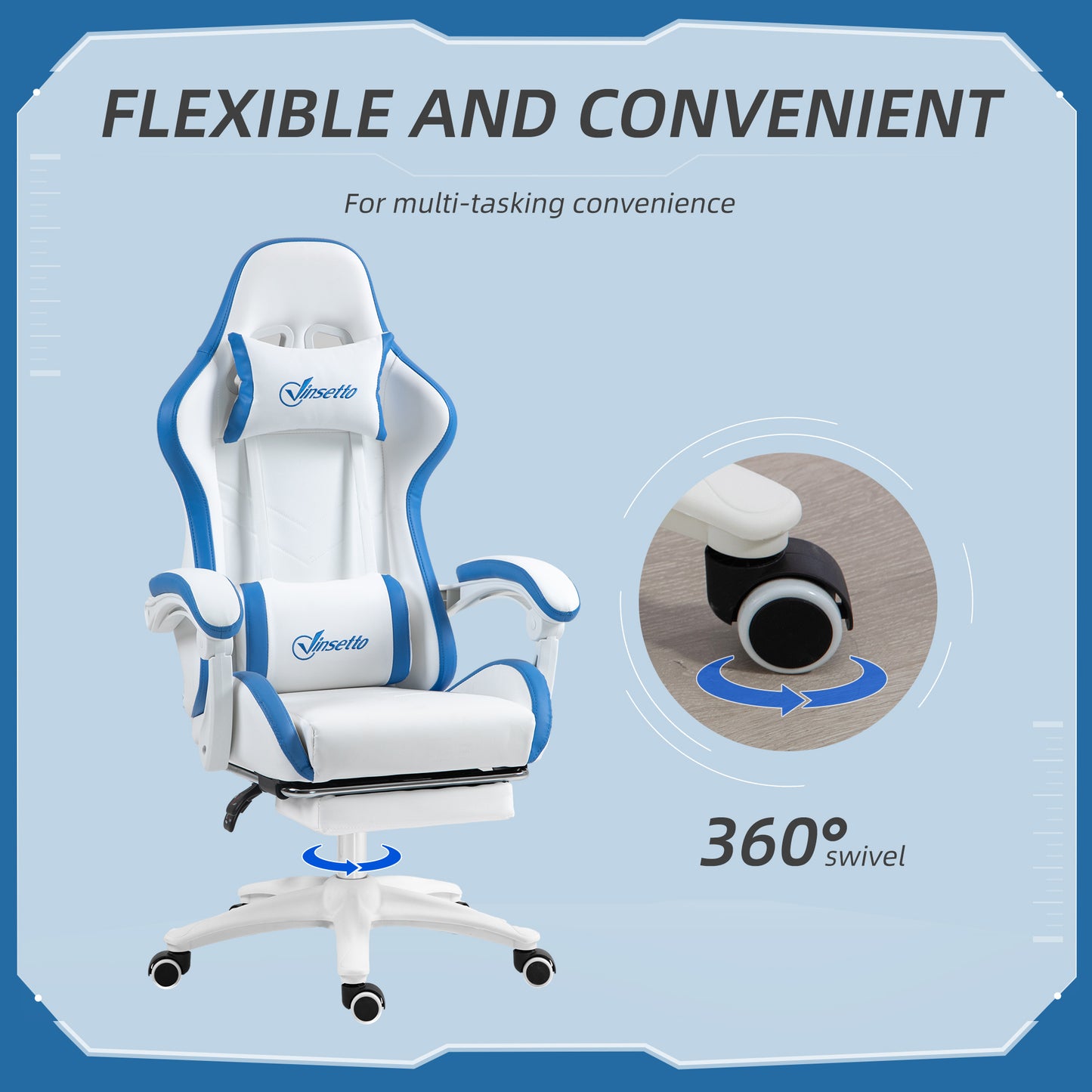 Vinsetto Computer Gaming Chair, PU Leather Office Desk Chair with Footrest, Swivel Wheels, 135° Reclining Back, Lumbar Support, Headrest for Home, White and Blue
