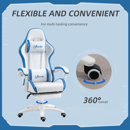 Vinsetto Computer Gaming Chair, PU Leather Office Desk Chair with Footrest, Swivel Wheels, 135° Reclining Back, Lumbar Support, Headrest for Home, White and Blue