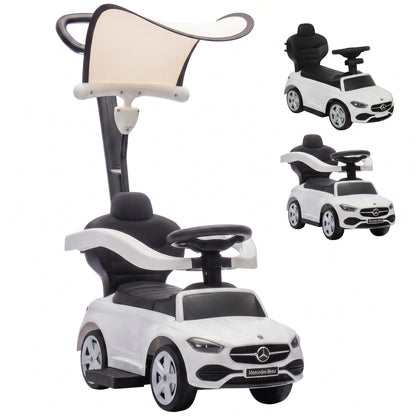 AIYAPLAY 3 in 1 Licensed Benz Ride on Push Car with Handle, Canopy, Guardrails, Horn, Music, Storage for 12-36 Months, White