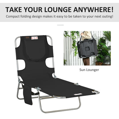Outsunny Foldable Sun Lounger, Beach Chaise Lounge with Reading Hole, Arm Slots, 5-Position Adjustable Backrest, Side Pocket, Pillow for Garden, Beach, Camping, Black