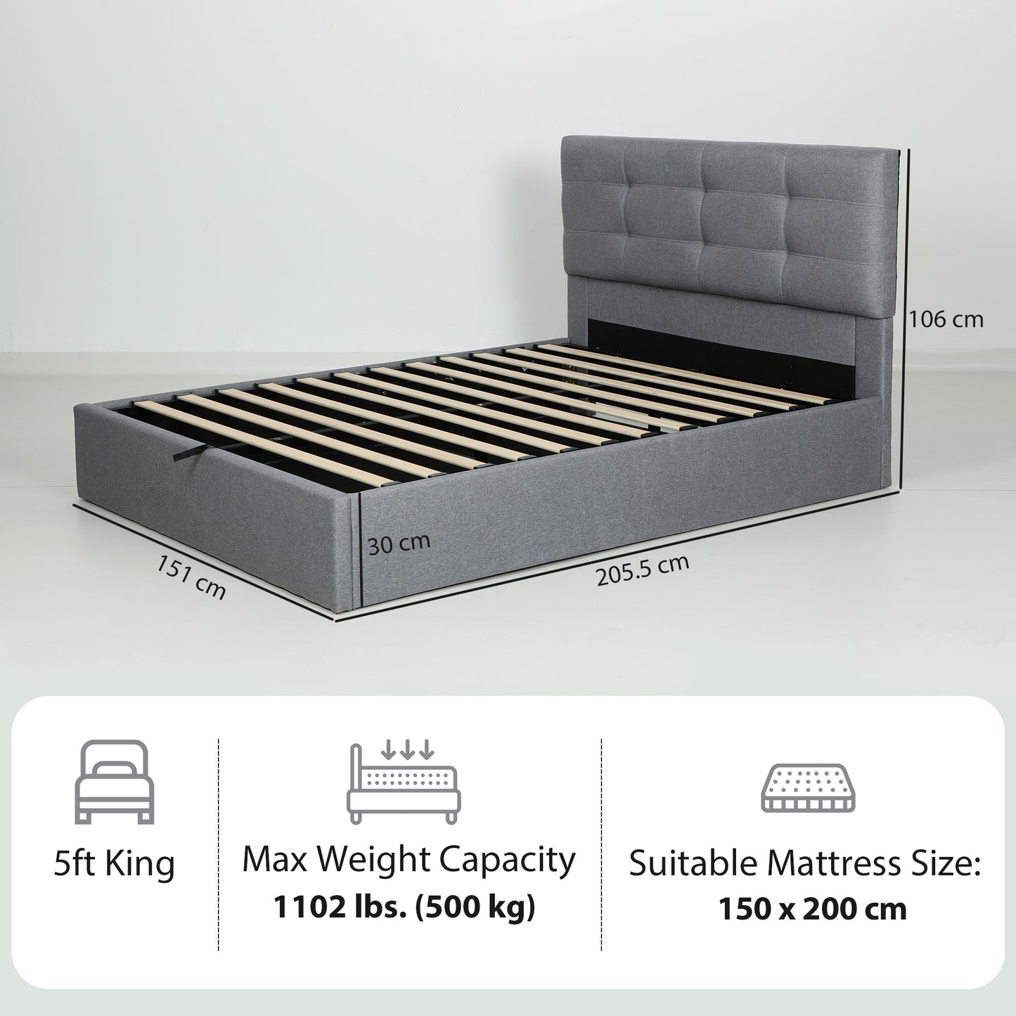 HOMCOM 5ft King Ottoman Bed with Gas Lift Storage - Grey