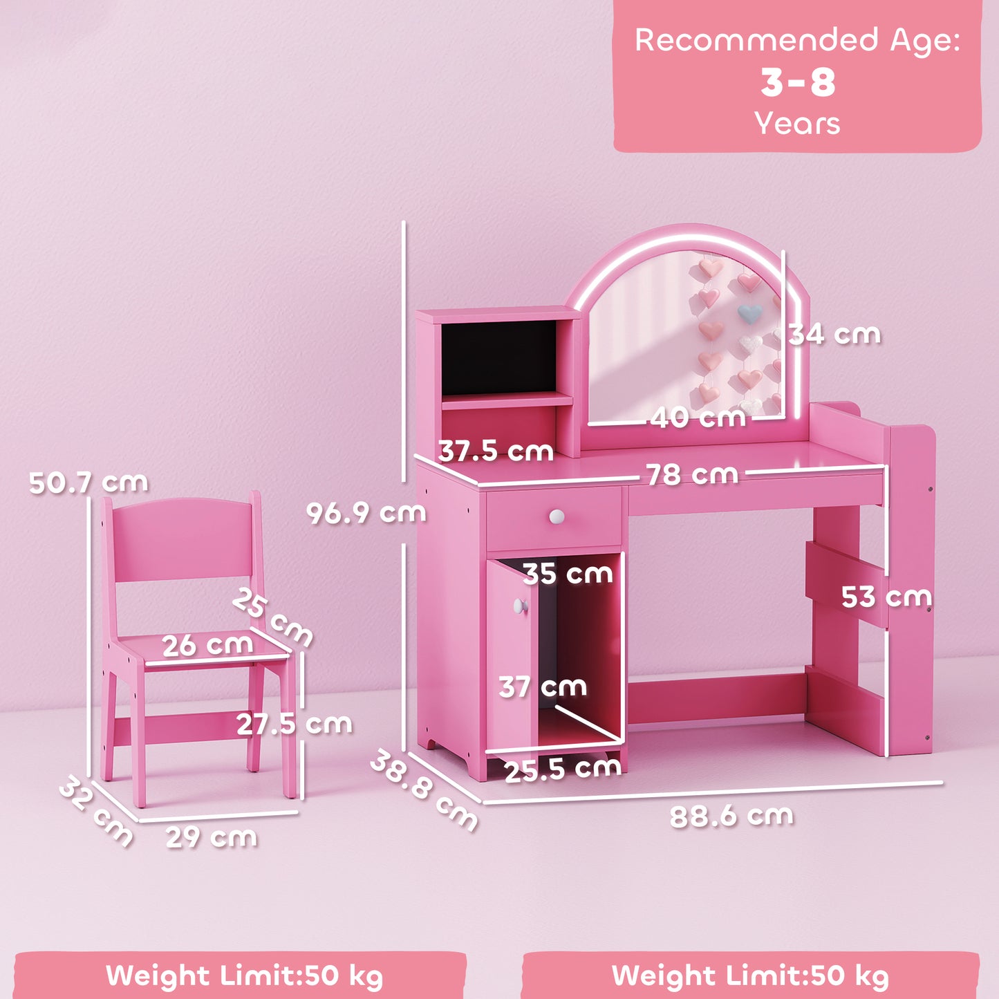 AIYAPLAY Kids Vanity Table and Chair Set, Girls Dressing Table with 2-Colour LED Mirror, Stool, Cabinet, Drawer, Shelves, Pink