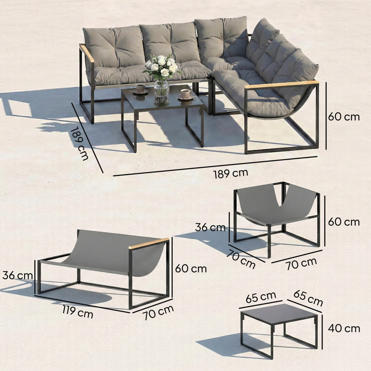 Outsunny 4 Piece Garden Furniture Set with Thick Cushions and Coffee Table, Patio Conversation Set for Porch, Balcony, Deck, Grey