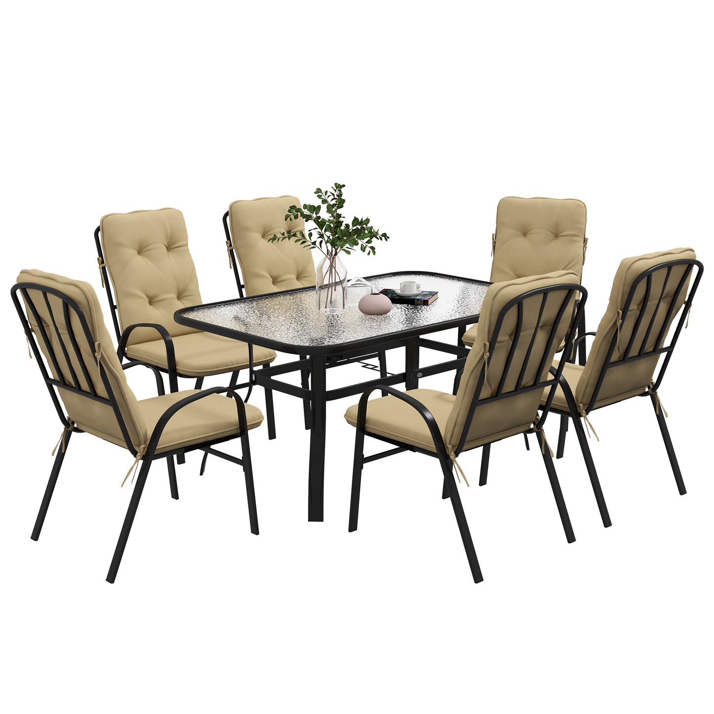 Outsunny Seven-Piece Garden Dining Set with Ripple Tempered Glass Tabletop and Full-size Cushions - Beige