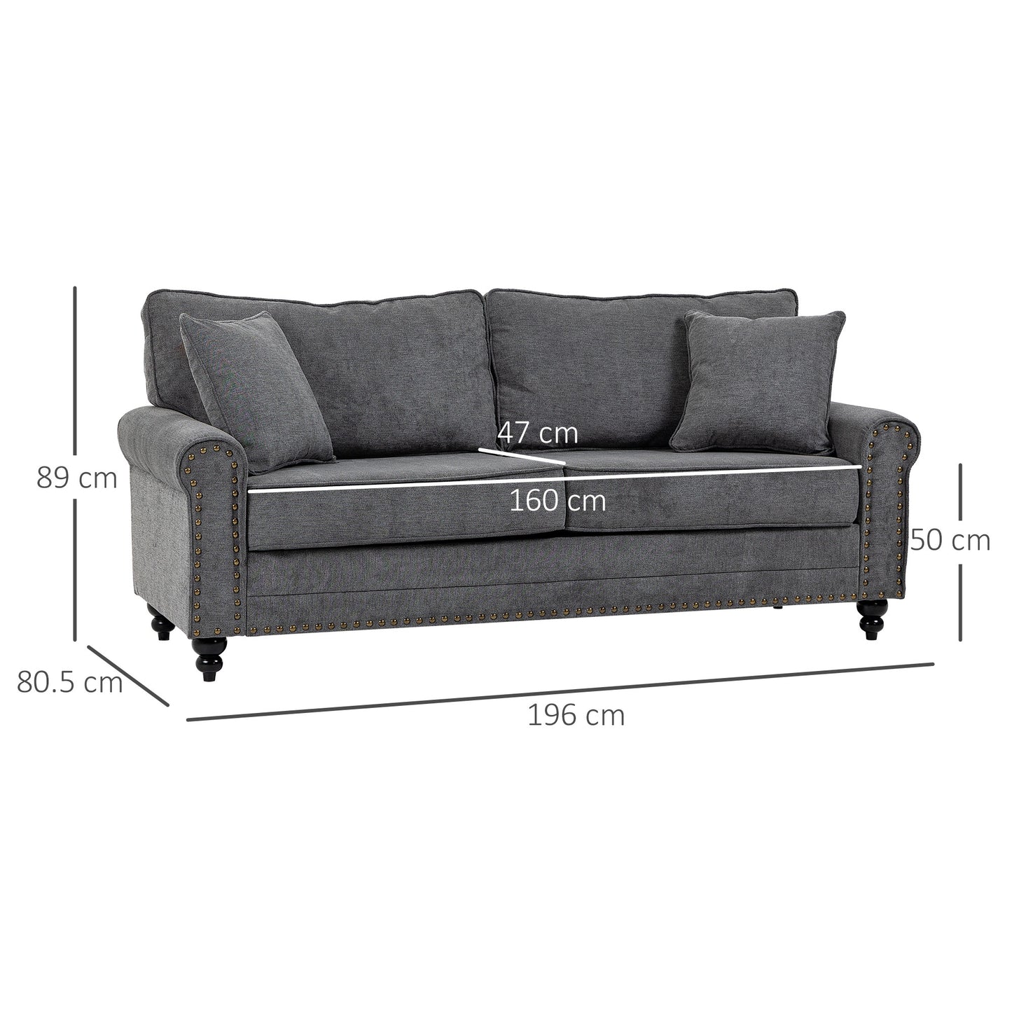HOMCOM 196cm 3 Seater Sofa, Fabric Sofa with Rubber Wood Legs, Nailhead Trim, 2 Pillows, Small Upholstered Couch Settee for Living Room, Guest Room, Grey--ChewyGames-ChewyGames