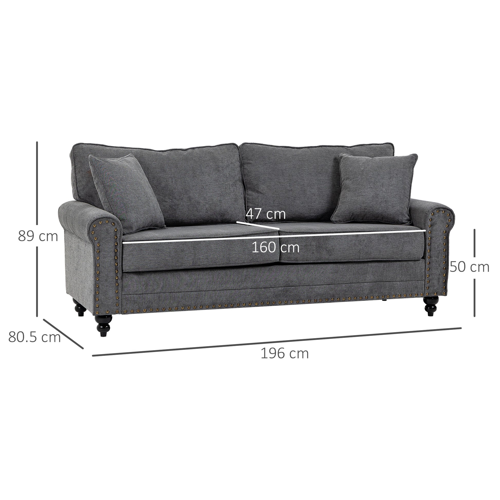 HOMCOM 196cm 3 Seater Sofa, Fabric Sofa with Rubber Wood Legs, Nailhead Trim, 2 Pillows, Small Upholstered Couch Settee for Living Room, Guest Room, Grey--ChewyGames-ChewyGames