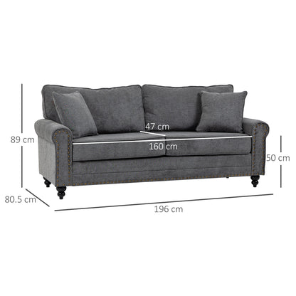 HOMCOM 196cm 3 Seater Sofa, Fabric Sofa with Rubber Wood Legs, Nailhead Trim, 2 Pillows, Small Upholstered Couch Settee for Living Room, Guest Room, Grey--ChewyGames-ChewyGames