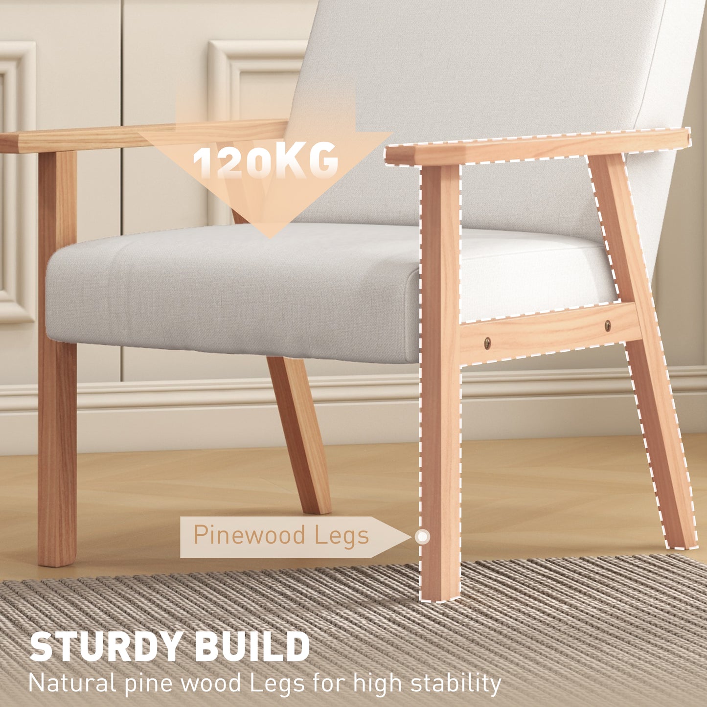HOMCOM Modern Armchair, Linen Upholstered Accent Chair with Solid Wood Legs and Wide Seat, Padding Lounge Chair for Living Room Bedroom Office, Cream White
