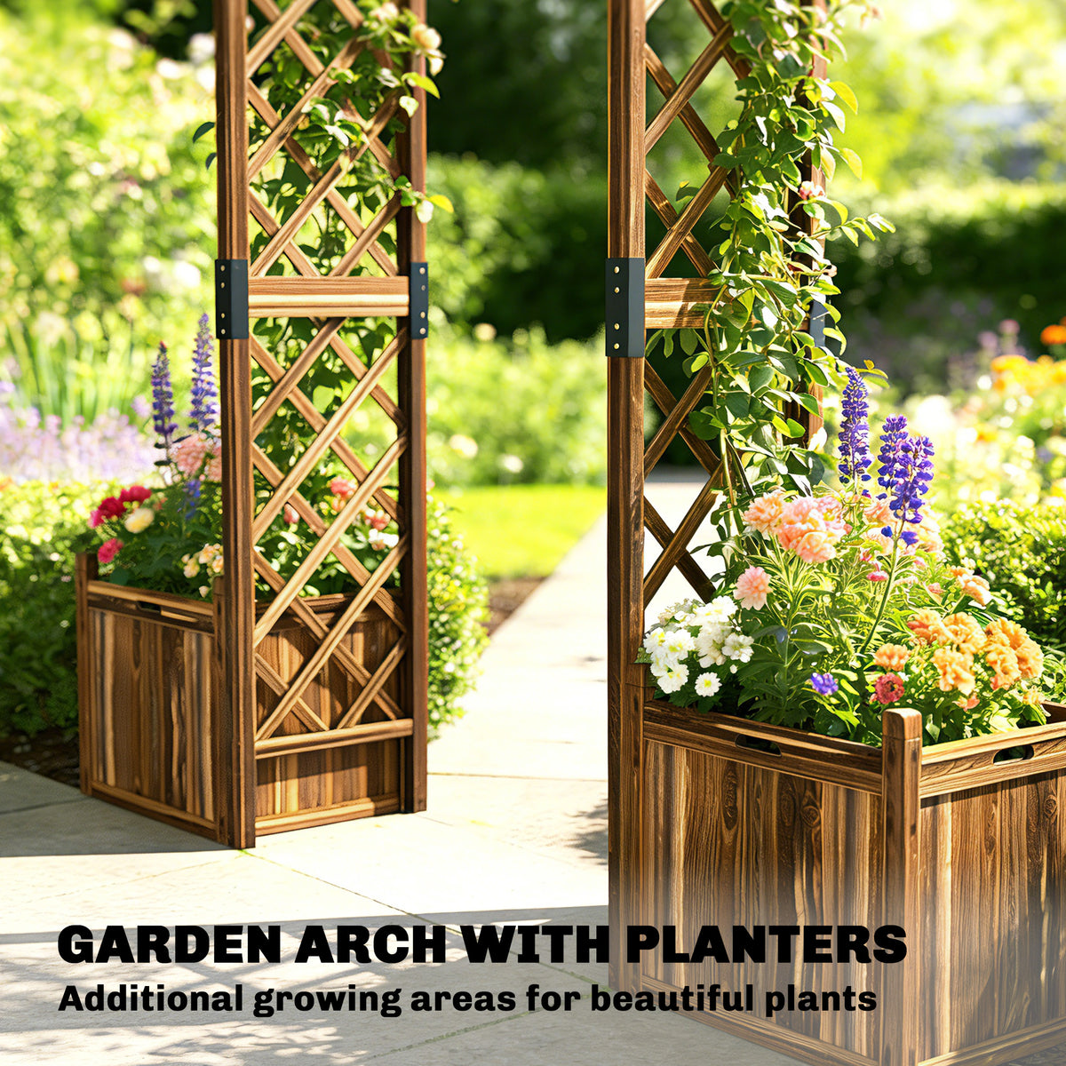 Outsunny Wooden Garden Arch with 2 Planter Boxes, Outdoor Rose Arch Trellis for Climbing Vines, Carbonised-Arches-ChewyGames-ChewyGames