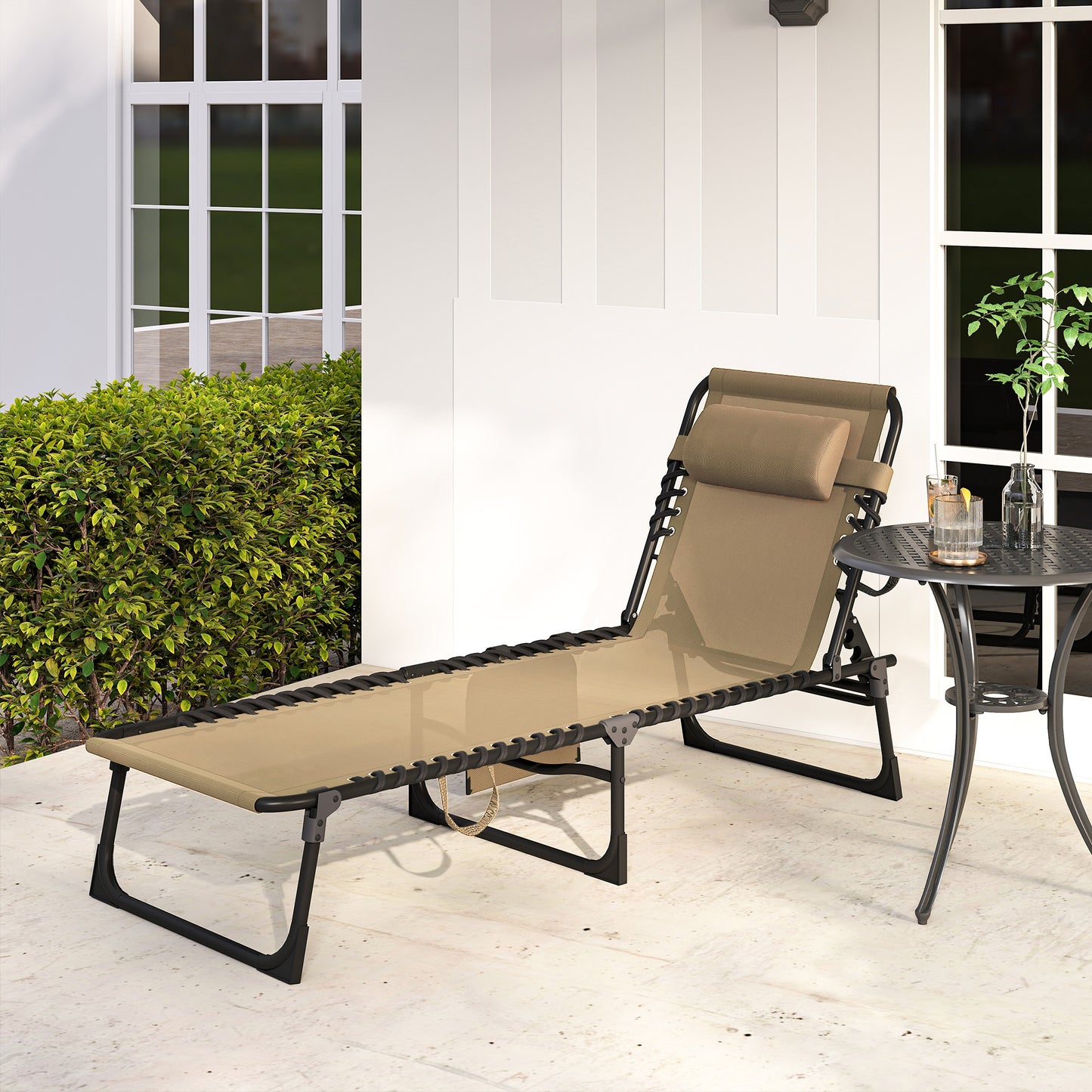 Outsunny Portable Sun Lounger, Folding Camping Bed Cot, Reclining Lounge Chair 5-position Adjustable Backrest with Side Pocket, Pillow for Patio Garden Beach Pool, Beige