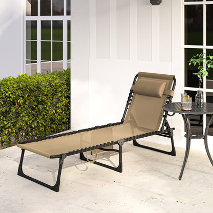 Outsunny Portable Sun Lounger, Folding Camping Bed Cot, Reclining Lounge Chair 5-position Adjustable Backrest with Side Pocket, Pillow for Patio Garden Beach Pool, Beige