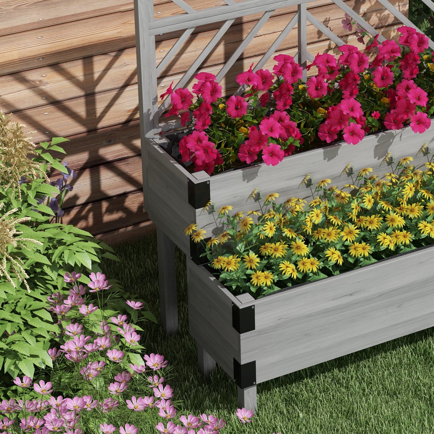 Outsunny Raised Garden Bed with Trellis, 2-Tier Wooden Elevated Planter Box  for Vegetables, Flowers, Herbs, Grey--ChewyGames-ChewyGames