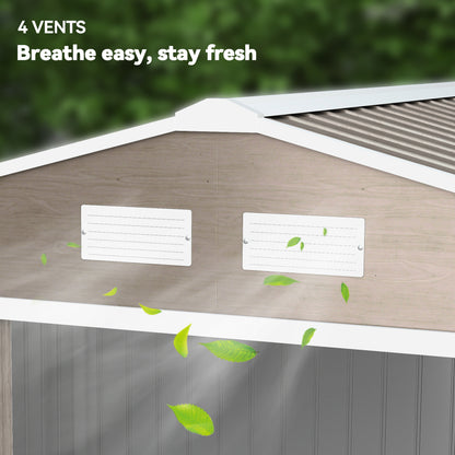 Outsunny 9 x 6ft Steel Garden Shed, Outdoor Storage Tool House with Vents, Foundation and Lockable Double Doors, Brown