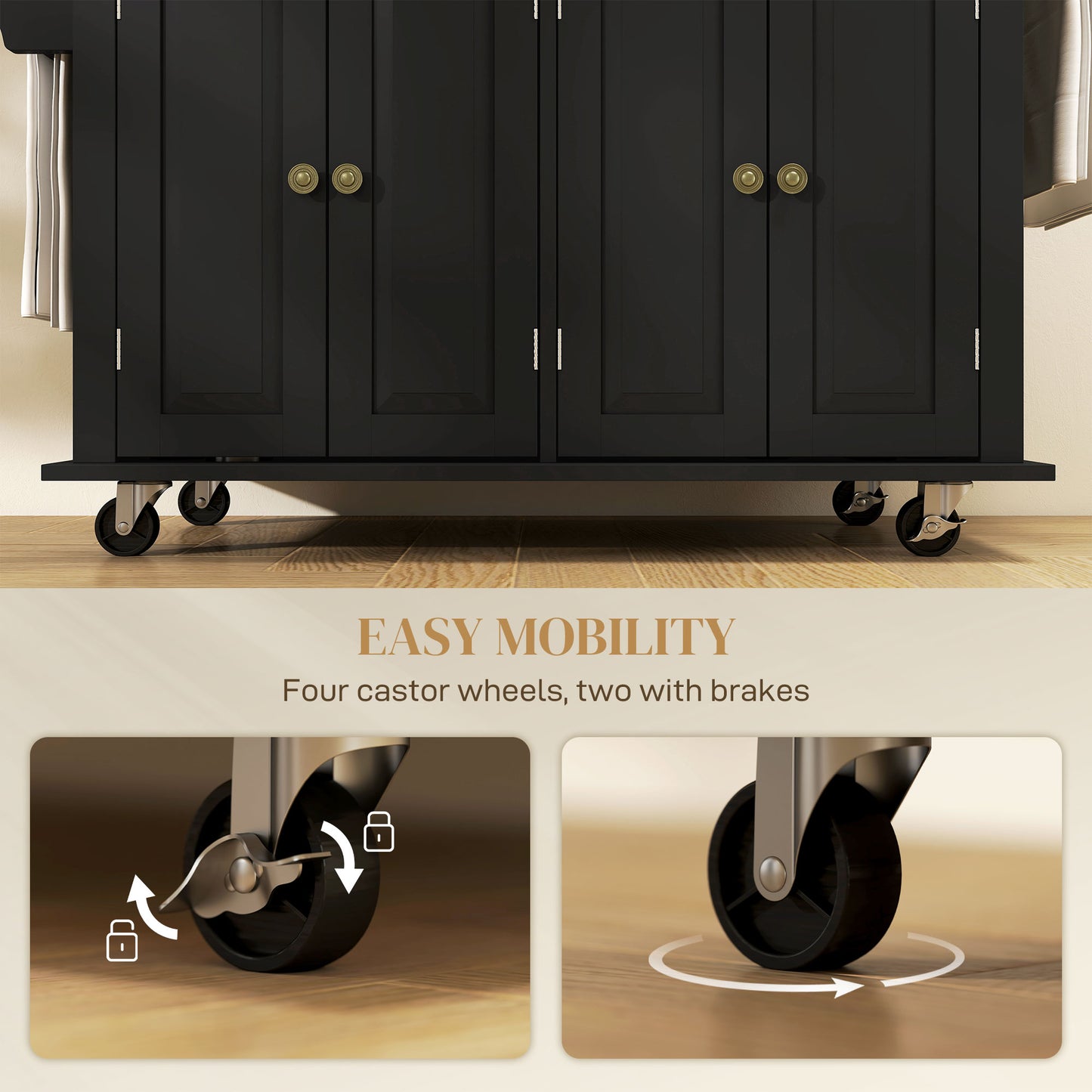 HOMCOM Rolling Kitchen Island Storage Trolley with Rubber Wood Top & Drawers for Dining Room, Black
