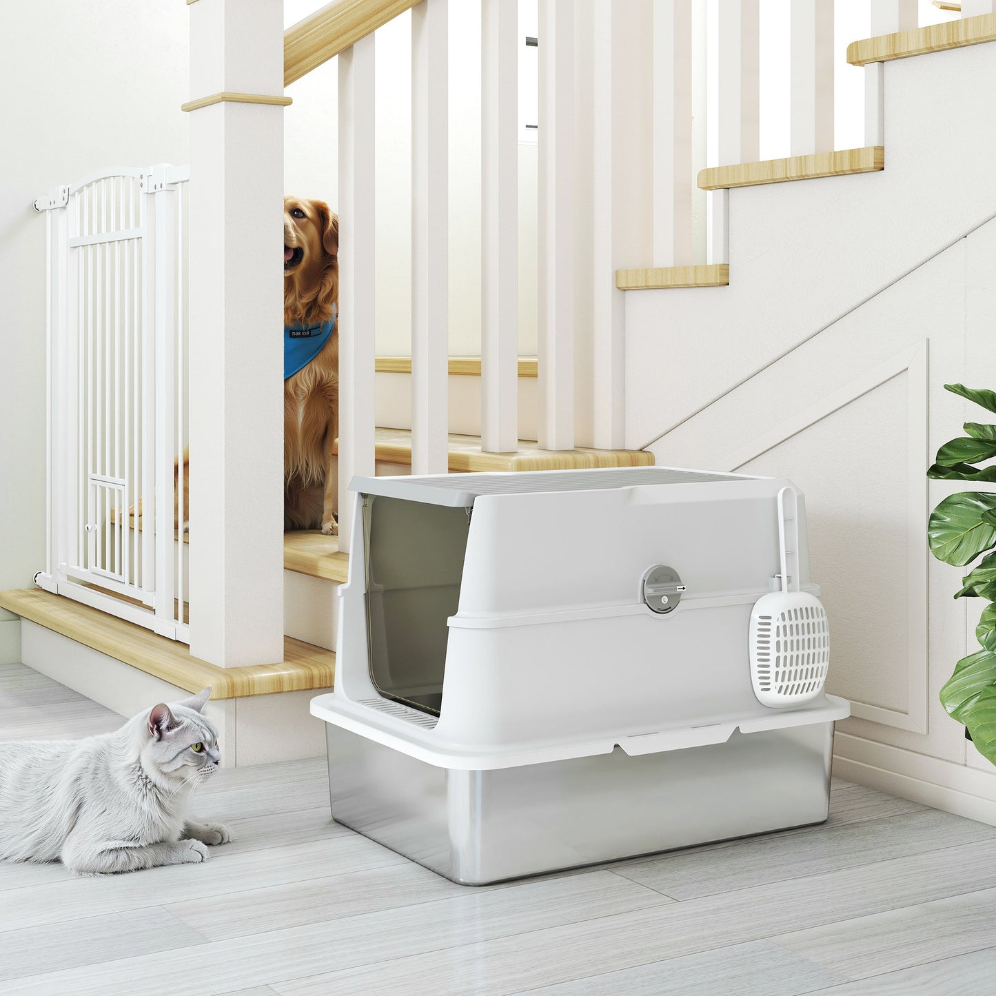 PawHut Extra Large Stainless Steel, Cat Litter Tray with Scoop, Flip Top