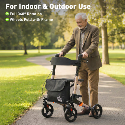 HOMCOM Rollator Walker with Seat, Compact Quick Folding Mobility Walker with 8" Wheels, Carry Bag, Adjustable Height, Cane Holder and Lightweight Aluminium Frame for Seniors and Disabled, Gold Tone