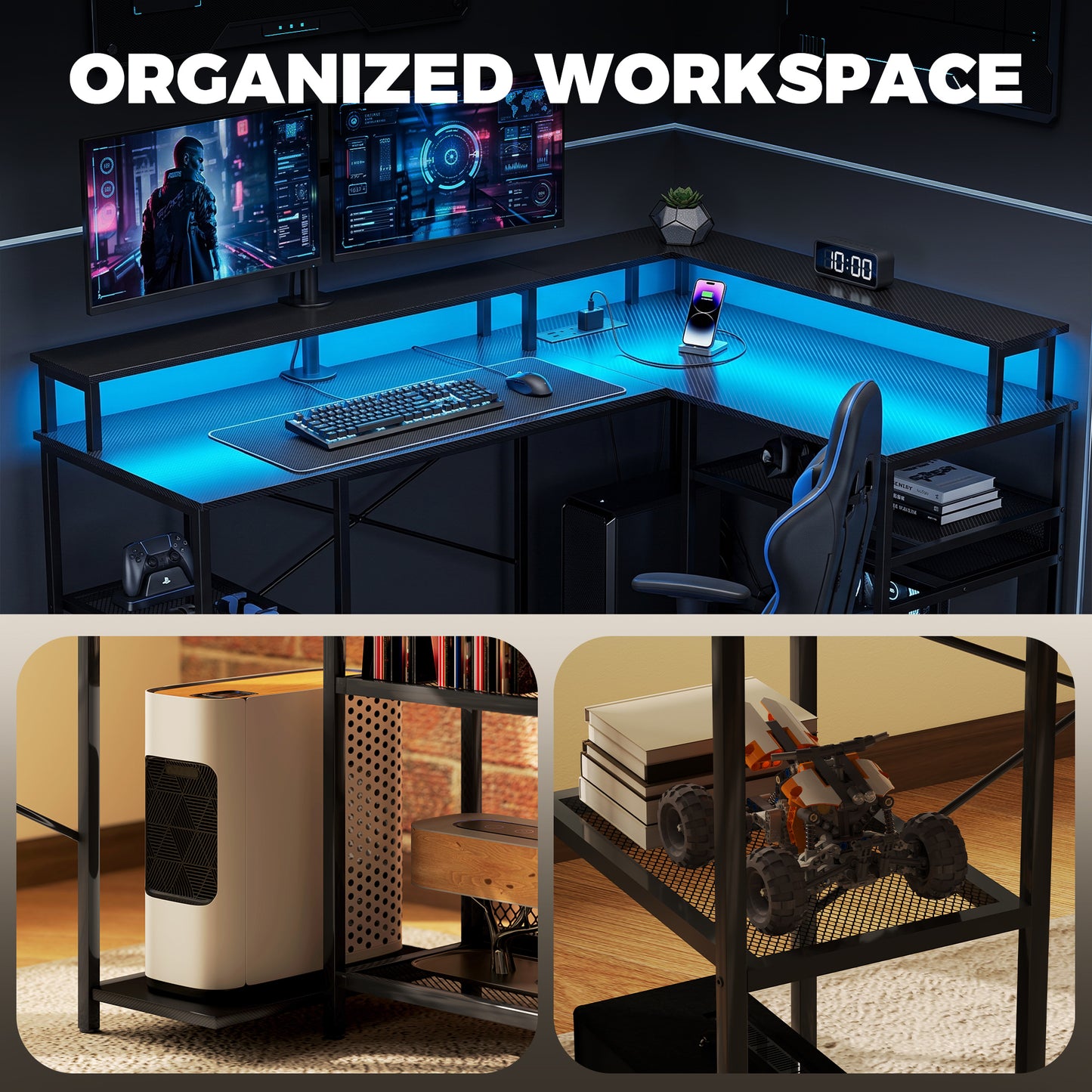HOMCOM L Shaped Gaming Desk with LED Lights and Power Outlets, 150cm Corner Computer Desk for Small Space, Black