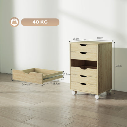 HOMCOM 6 Drawer Vertical File Cabinet, Mobile Filing Cabinet with Quiet Drawers and Wheels with 2 Brakes, Oak Wood Effect
